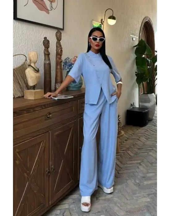 Hakim Yaka Çapraz Düğmeli Plazzo Pantolon Viscon Keten Takım 10091