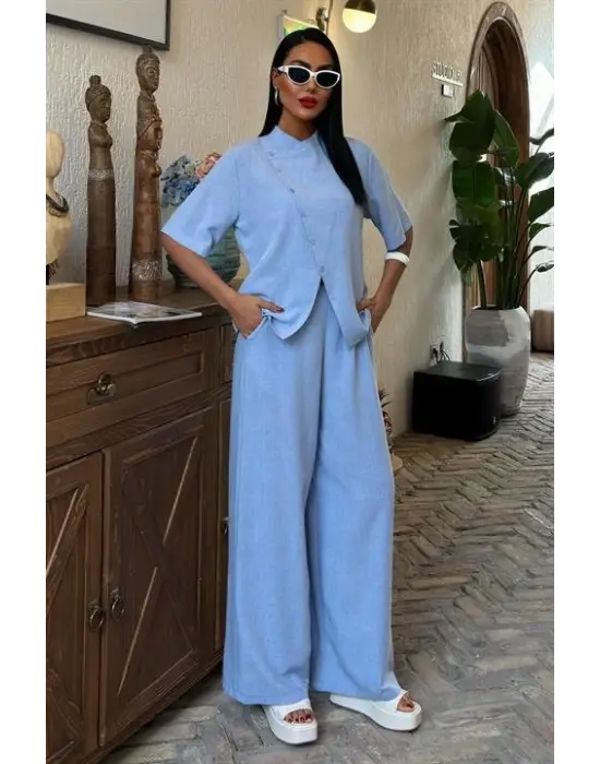 Hakim Yaka Çapraz Düğmeli Plazzo Pantolon Viscon Keten Takım 10091