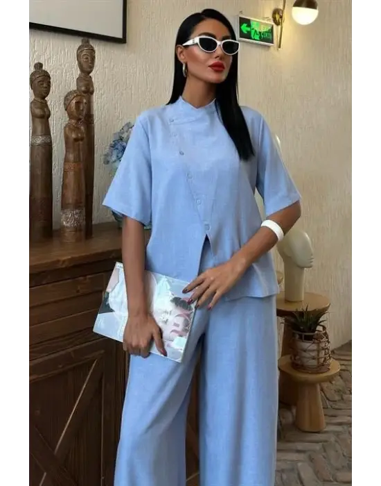 Hakim Yaka Çapraz Düğmeli Plazzo Pantolon Viscon Keten Takım 10091