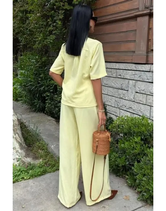 Hakim Yaka Çapraz Düğmeli Plazzo Pantolon Viscon Keten Takım 10209