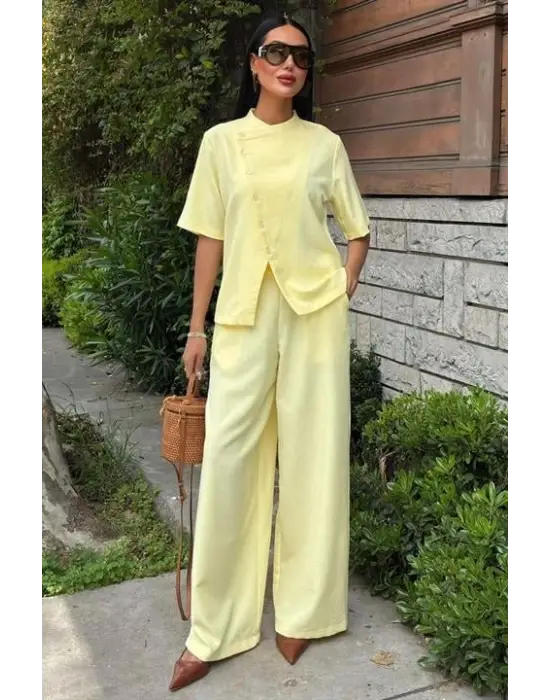 Hakim Yaka Çapraz Düğmeli Plazzo Pantolon Viscon Keten Takım 10209