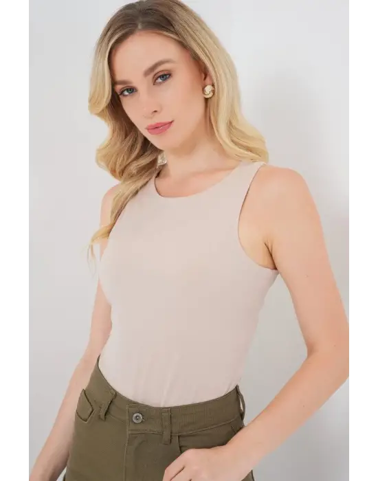 Halter Yaka Çıtçıtlı Body 972 - Bej