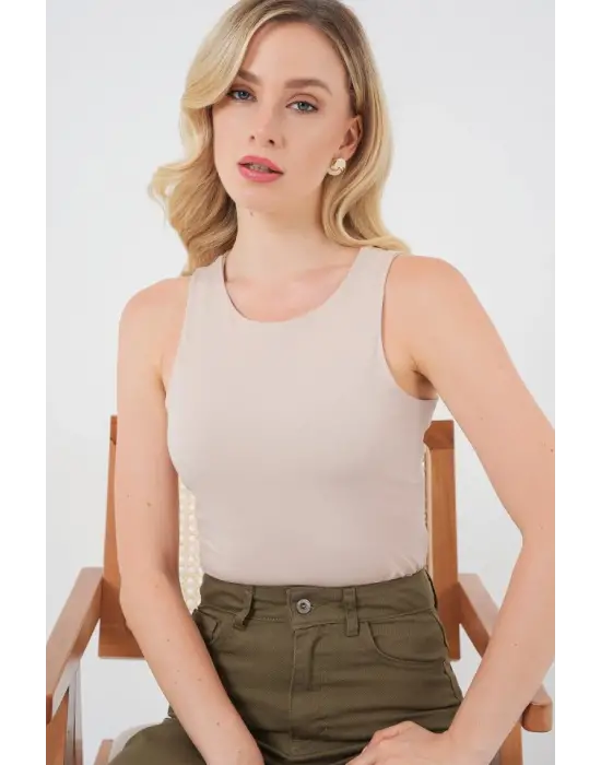 Halter Yaka Çıtçıtlı Body 972 - Bej