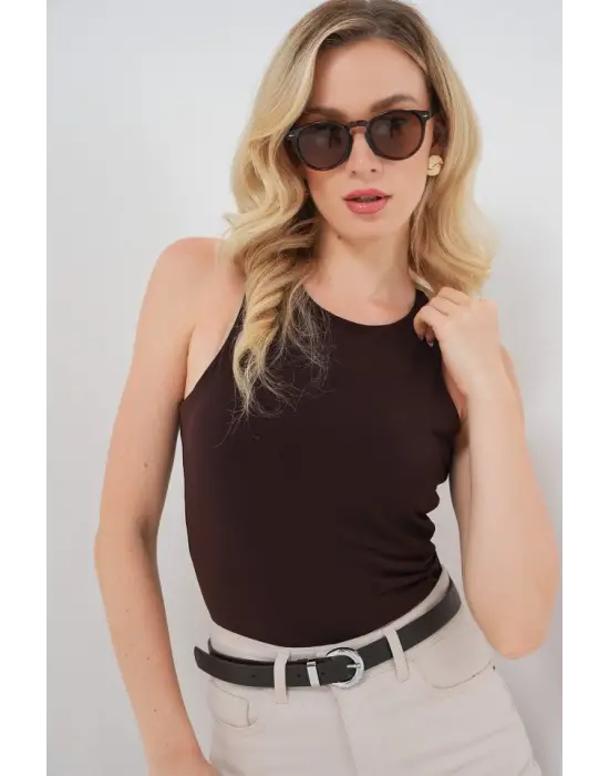 Halter Yaka Çıtçıtlı Body 972 - Kahverengi