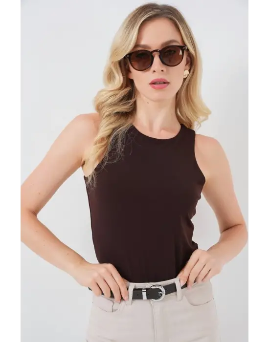 Halter Yaka Çıtçıtlı Body 972 - Kahverengi