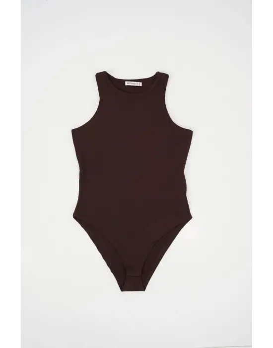 Halter Yaka Çıtçıtlı Body 972 - Kahverengi