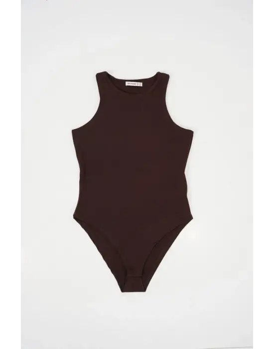 Halter Yaka Çıtçıtlı Body 972 - Kahverengi