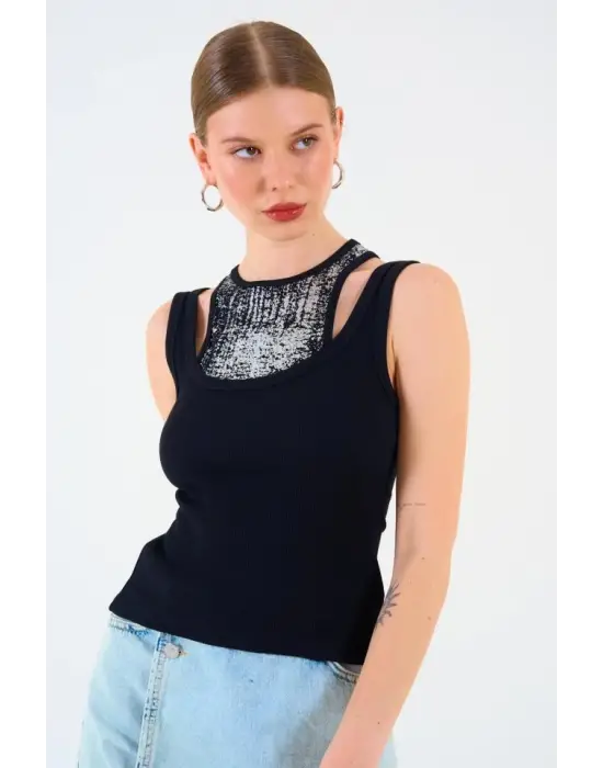 Omarı Siyah Halter Yaka Kaşkorse Atlet