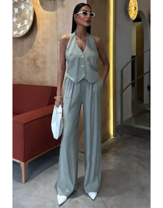 Halter Yaka Yelekli Modal Takım 10144