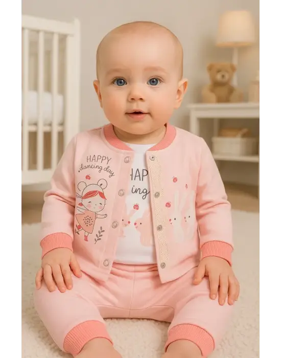 Happy Dancing Desenli 3lü Hırkalı Kız Bebek Takım