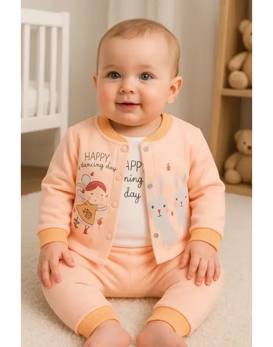 Happy Dancing Desenli 3lü Hırkalı Kız Bebek Takım