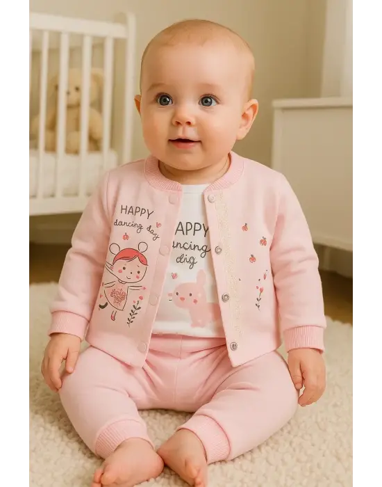 Happy Dancing Desenli 3lü Hırkalı Kız Bebek Takım
