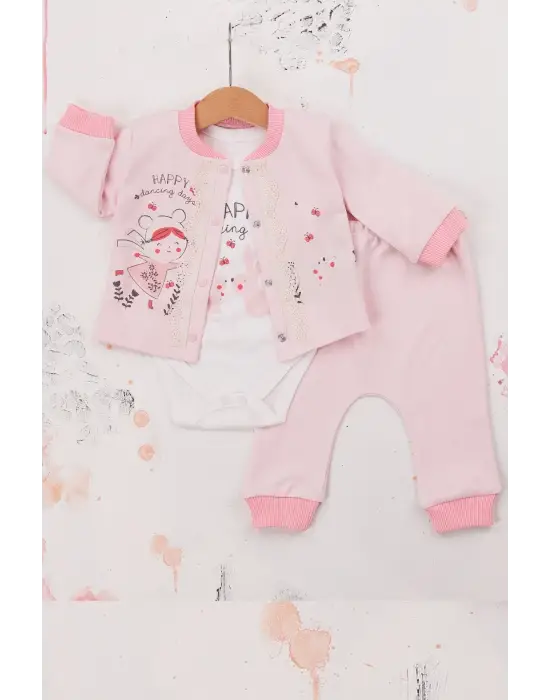Happy Dancing Desenli 3lü Hırkalı Kız Bebek Takım
