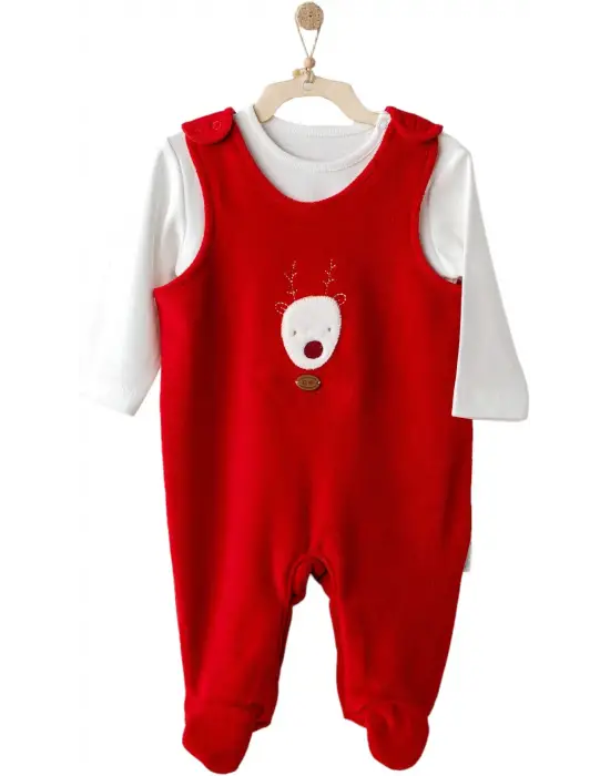 Omarı Kadife Bebek Tulum Takım Red
