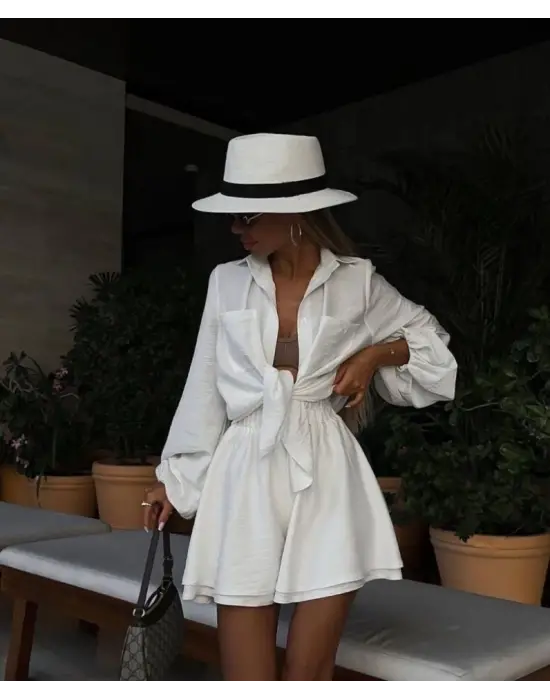 Omarı Denim Detaylı Şortlu Takım