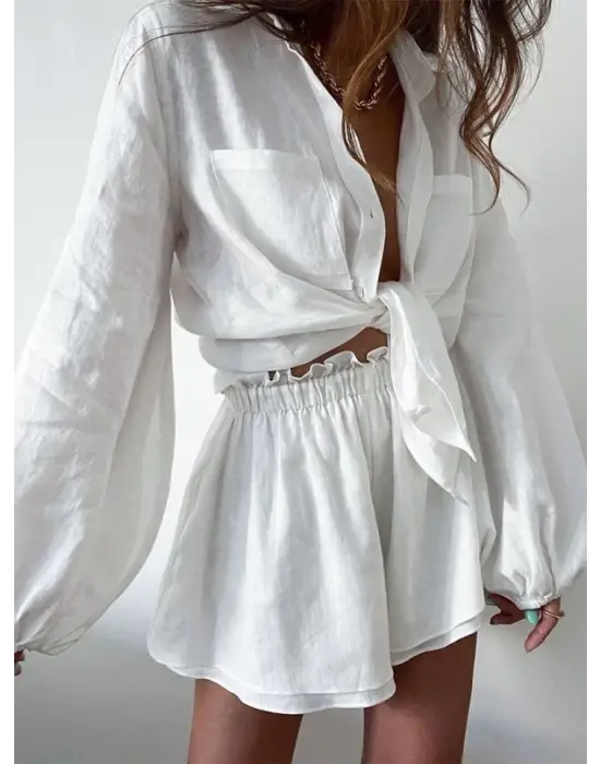 Omarı Denim Detaylı Şortlu Takım