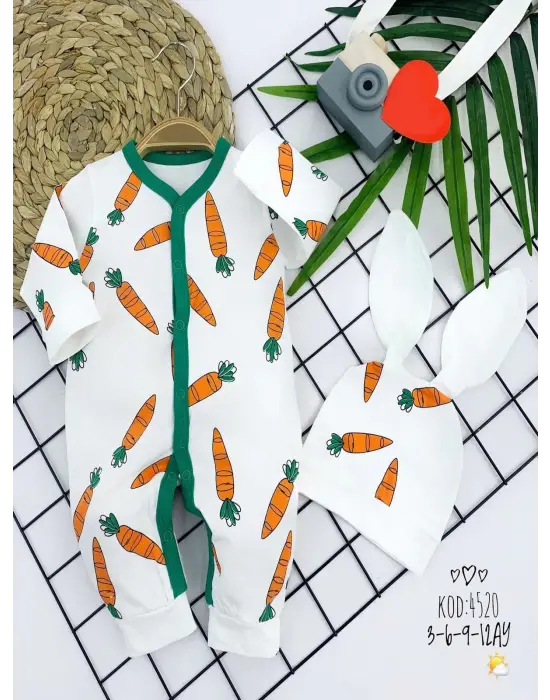 Omarı Havuç Baskılı Bebek Tulumu - Kız Erkek Uzun Kollu