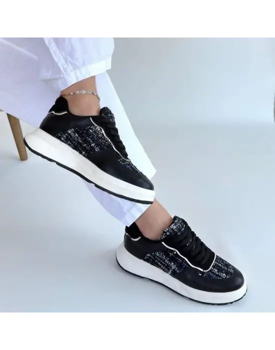 Hawer Siyah Cilt Bağcıklı Spor Ayakkabı