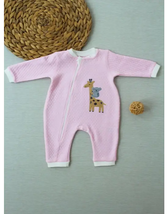 Omarı Hayvan Nakışlı Fermuarlı Bal Peteği Kız Bebek Tulumu Pembe