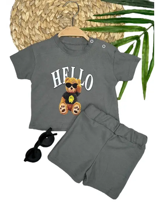 Omarı Sevimli Ayıcık Desenli Kısa Kollu Bebek Takımı