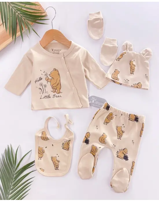 Hello Little Bear Baskılı 5 Parça %100 Pamuk Erkek Bebek Hastane Çıkışı