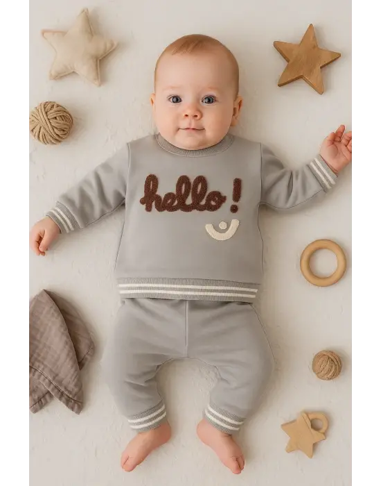 Hello Nakışlı % 100 Pamuk 2li Erkek Bebek Takım