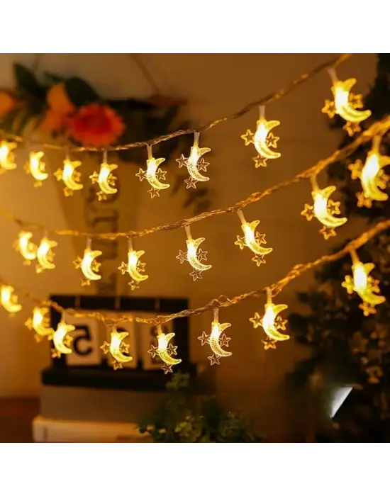 Hilal ve 3 Mini Yıldız Şekilli 3.5 Metre USB LED Işık – 20 LED’li Dekoratif Ramazan Dekorasyonu ve Ortam Aydınlatması hakkında ürün açıklaması