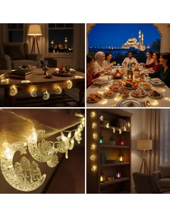 Hilal ve Cami Şekilli 3.5 Metre USB LED Işık – 20 LED’li Dekoratif Ramazan Dekorasyonu ve Ortam Aydınlatması
