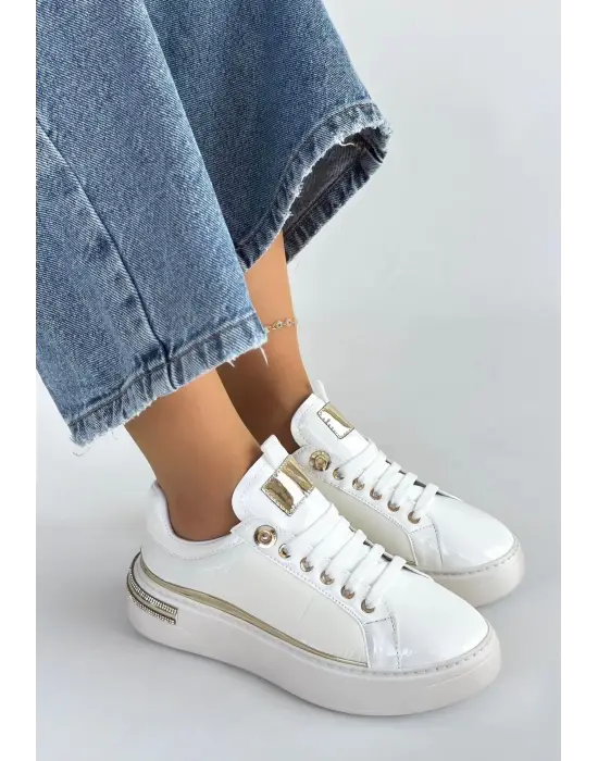 Hley Beyaz Rugan Paraşüt Detaylı Bağcıklı Spor Ayakkabı