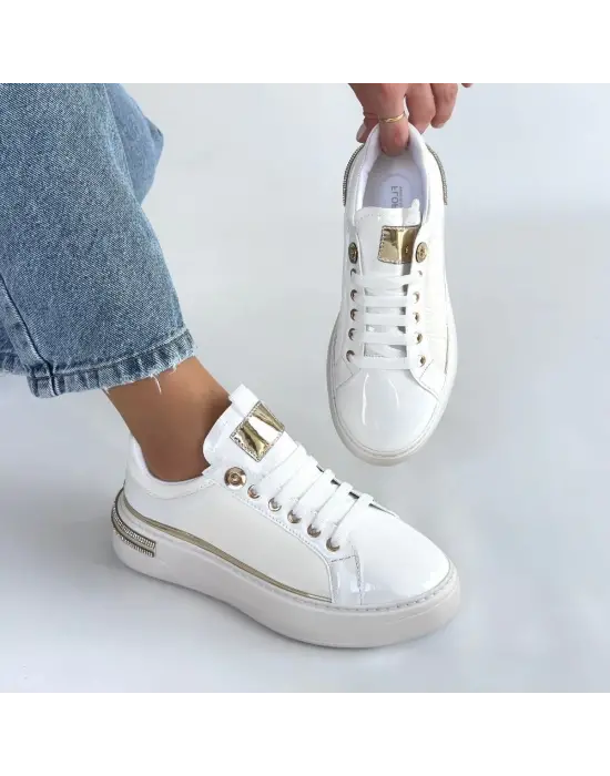 Hley Beyaz Rugan Paraşüt Detaylı Bağcıklı Spor Ayakkabı