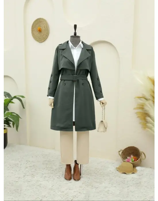 İç Astarlı Düğmeli Kemerli Trençkot  -Haki