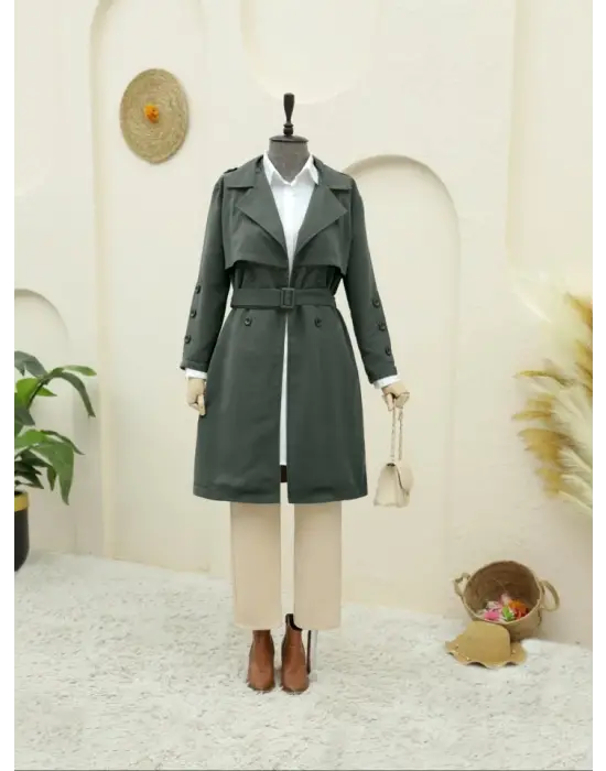 Omarı Kadın Kemerli Trençkot - Haki