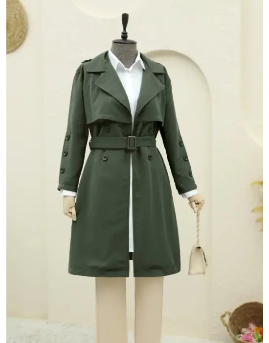 Omarı Kadın Kemerli Trençkot - Haki