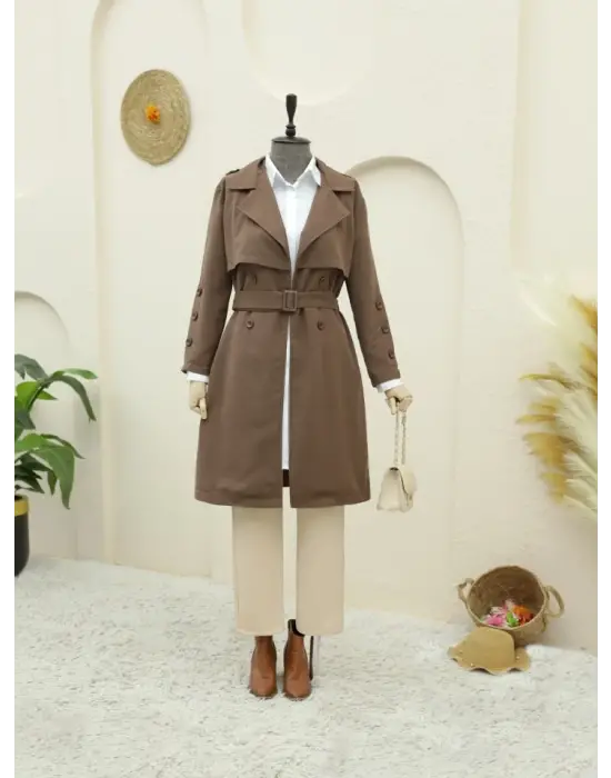 İç Astarlı Düğmeli Kemerli Trençkot  -Kahve