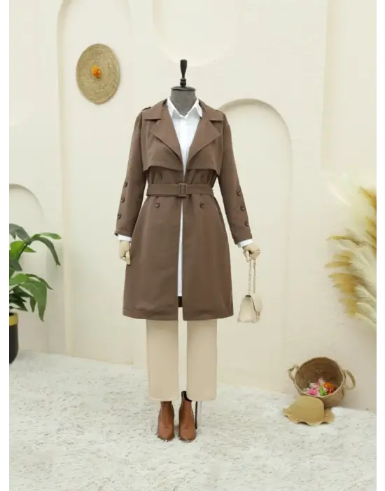 İç Astarlı Düğmeli Kemerli Trençkot  -Kahve