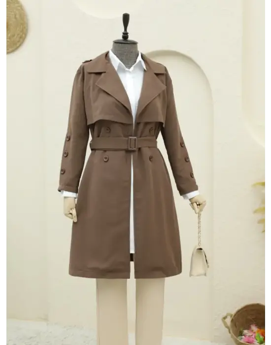 İç Astarlı Düğmeli Kemerli Trençkot  -Kahve