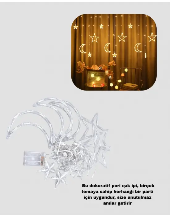 İç Ve Dış Mekan Uyumlu Pilli Yıldız Ay Peri Led Perde