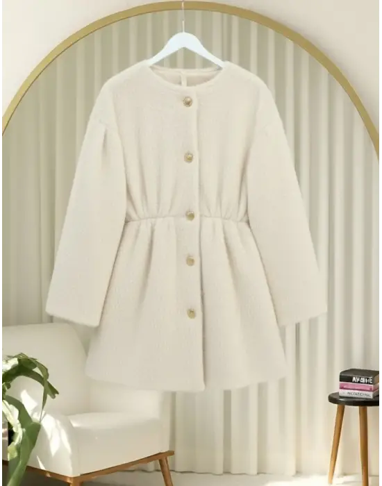 İçi Astarlı Beli Büzgülü Kürklü Ceket  -Krem