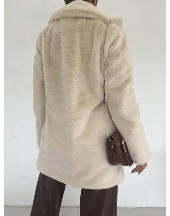 İçi Astarlı Cepli Kürklü Ceket -Taş