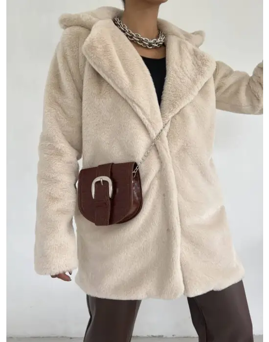 İçi Astarlı Cepli Kürklü Ceket -Taş