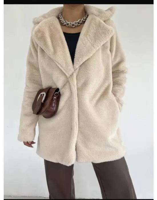 İçi Astarlı Cepli Kürklü Ceket -Taş