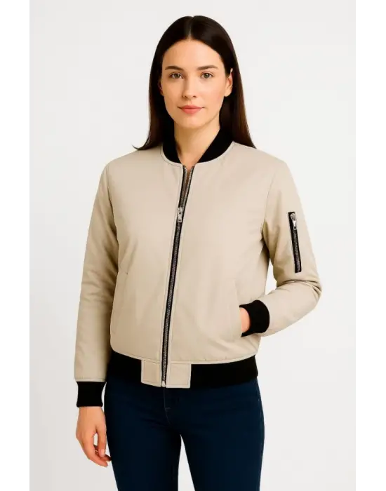 Içi Astarlı Fermuarlı Bej Bomber Mont