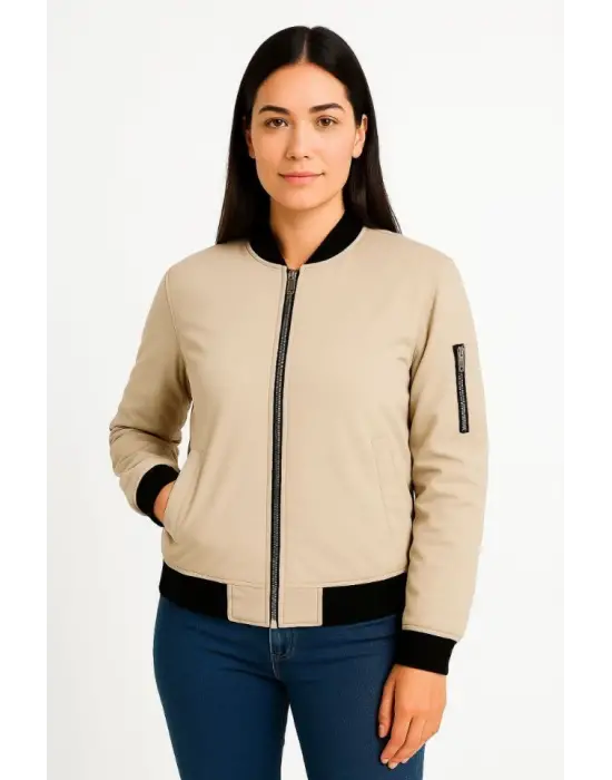 Içi Astarlı Fermuarlı Bej Bomber Mont