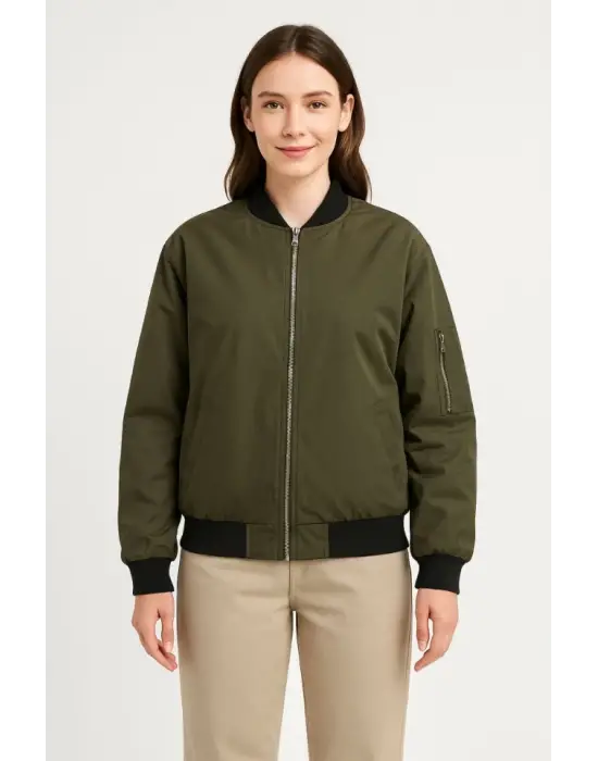 Içi Astarlı Fermuarlı Bomber Mont Ceket - Haki