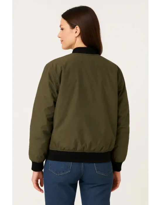 Haki Içi Astarlı Fermuarlı Bomber Mont