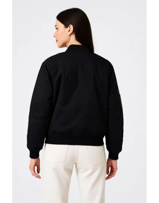 Içi Astarlı Fermuarlı Bomber Mont Ceket - Siyah