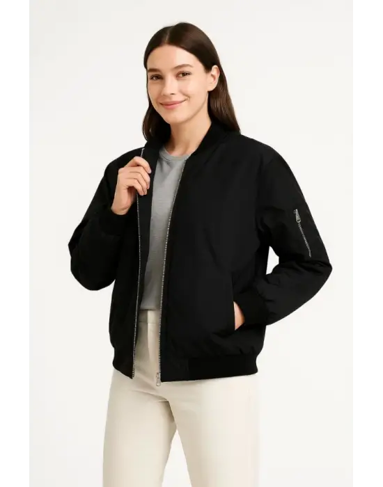 Içi Astarlı Fermuarlı Bomber Mont Ceket - Siyah