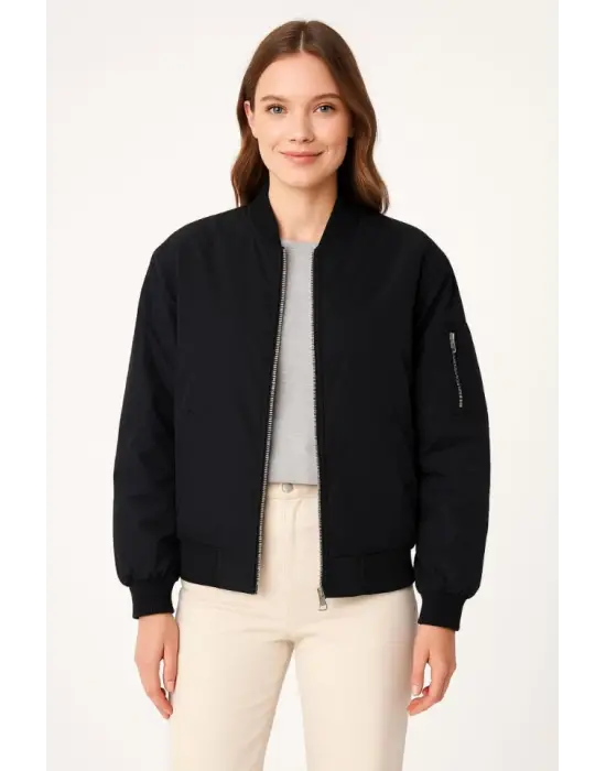 Içi Astarlı Fermuarlı Bomber Mont Ceket - Siyah