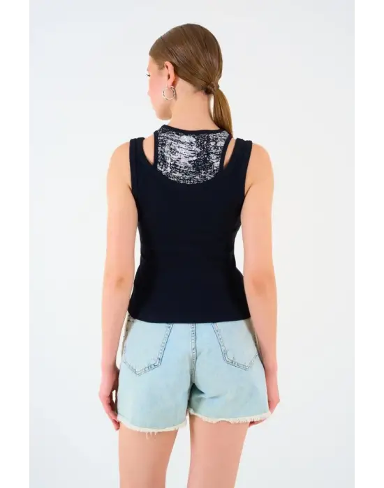 Omarı Siyah Halter Yaka Kaşkorse Atlet