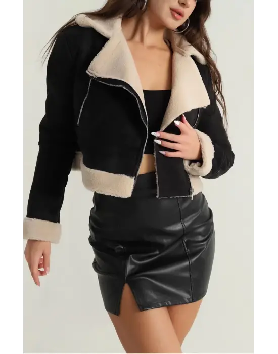 İçi kürklü dışı süet kısa kaban siyah t1186